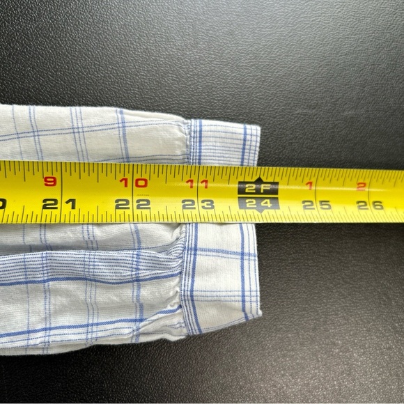 LOFT Plaid Linen Blend Button Blouse Peter Pan Collar Preppy White Blue Spring - Picture 9 of 12